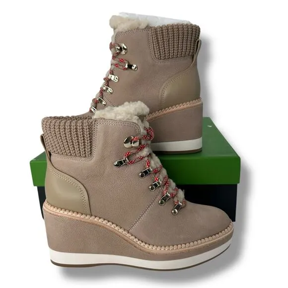 NEW Kate Spade Shearling Wedge Booties Size 8 Tan Winter Sporty Willow Heels