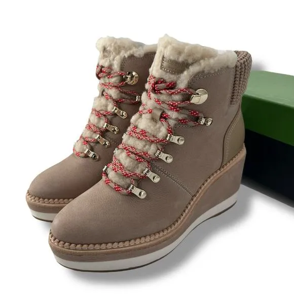 NEW Kate Spade Shearling Wedge Booties Size 8 Tan Winter Sporty Willow Heels