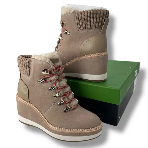 NEW Kate Spade Shearling Wedge Booties Size 8 Tan Winter Sporty Willow Heels