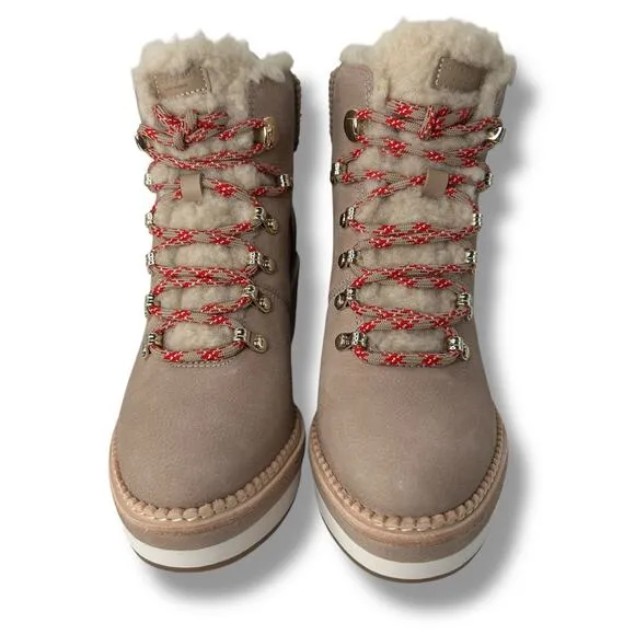 NEW Kate Spade Shearling Wedge Booties Size 8 Tan Winter Sporty Willow Heels