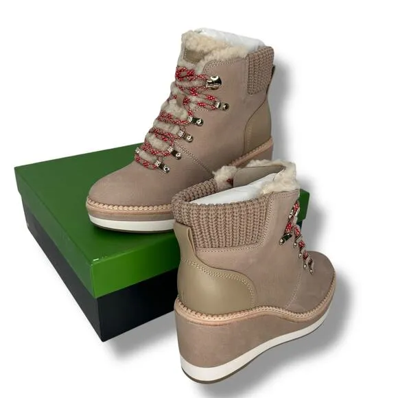 NEW Kate Spade Shearling Wedge Booties Size 8 Tan Winter Sporty Willow Heels