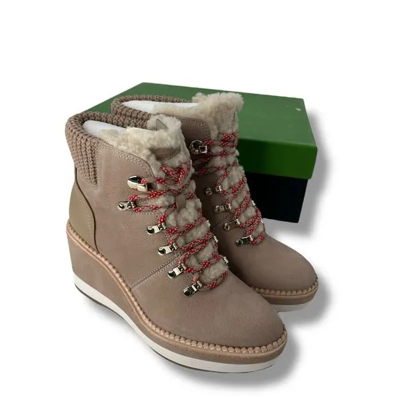 NEW Kate Spade Shearling Wedge Booties Size 8 Tan Winter Sporty Willow Heels