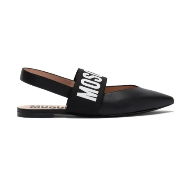 NEW Moschino Logo Strap Leather Pointed Toe Slingback Flats 36 5.5