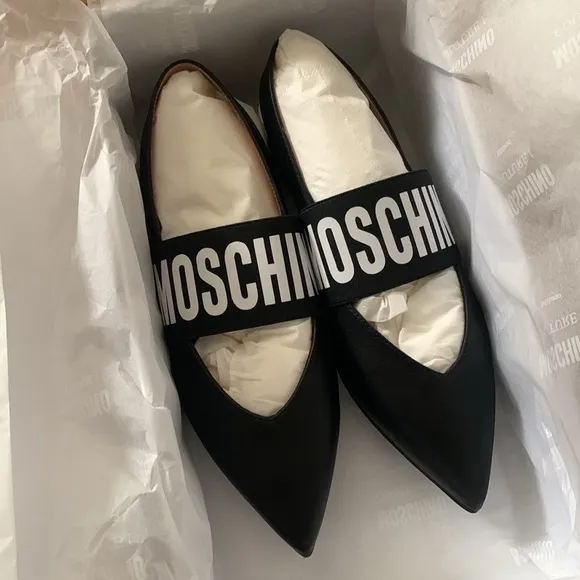 NEW Moschino Logo Strap Leather Pointed Toe Slingback Flats 36 5.5