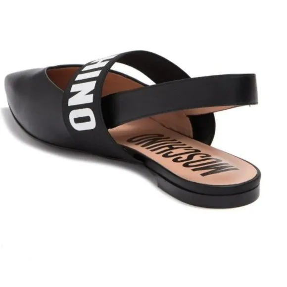 NEW Moschino Logo Strap Leather Pointed Toe Slingback Flats 36 5.5