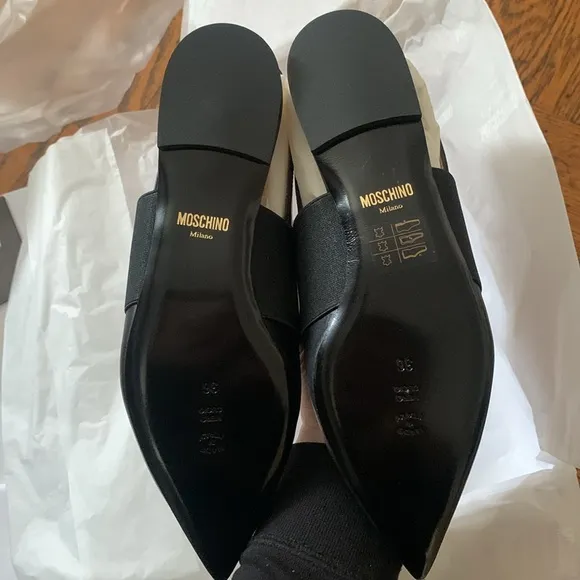 NEW Moschino Logo Strap Leather Pointed Toe Slingback Flats 36 5.5