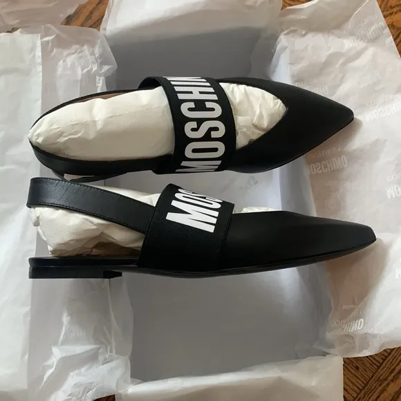 NEW Moschino Logo Strap Leather Pointed Toe Slingback Flats 36 5.5