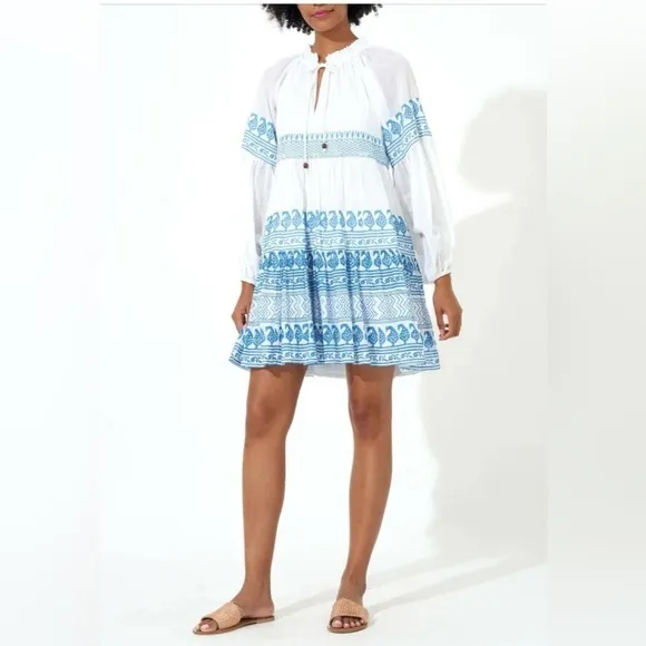 New OLIPHANT Balloon Long Sleeve Short Dress Santorini Blue &amp; White Floral Print