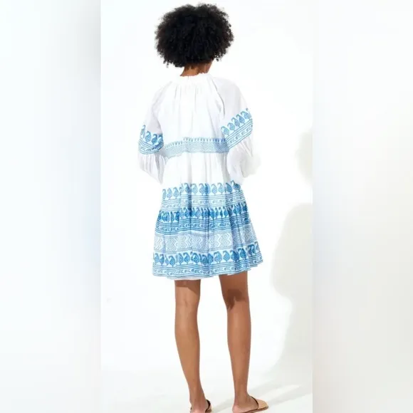 New OLIPHANT Balloon Long Sleeve Short Dress Santorini Blue &amp; White Floral Print