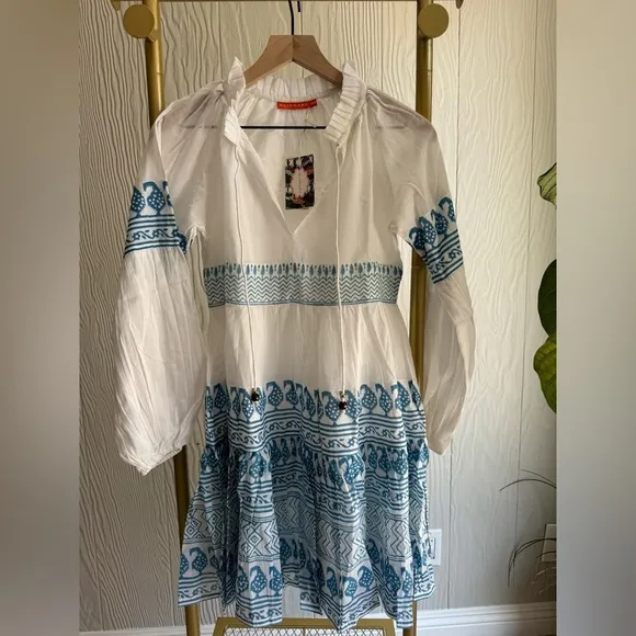 New OLIPHANT Balloon Long Sleeve Short Dress Santorini Blue &amp; White Floral Print