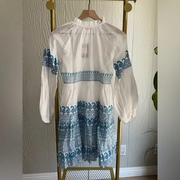 New OLIPHANT Balloon Long Sleeve Short Dress Santorini Blue &amp; White Floral Print