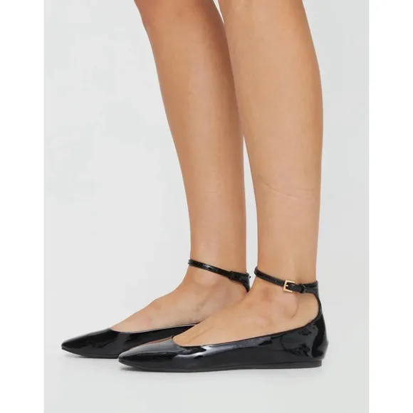 New Princess Polly Kynlee Square Toe Patent Leather Ballet Flats in Black