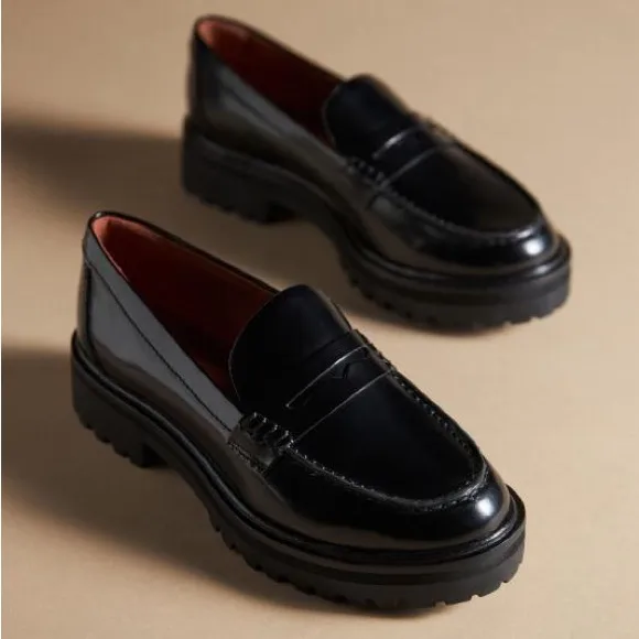 NEW Reformation Leather Loafers Agathae Chunky Sole in Black Size 7.5