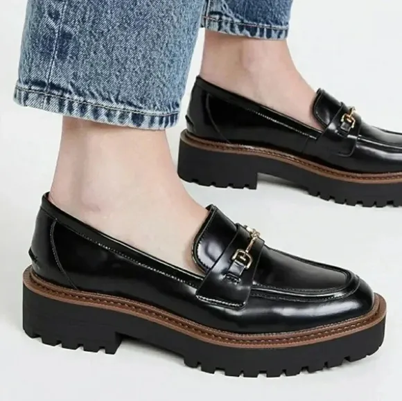 New Sam Edelman 10 Lugsole Preppy Spring Platform Black Leather Loafers