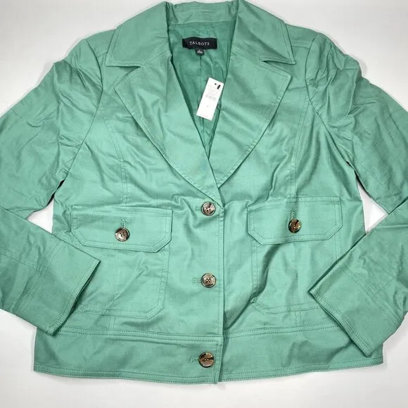 NEW TALBOTS  Cropped Jacket – Size 4 – Green – Patch Pockets – Spring Button