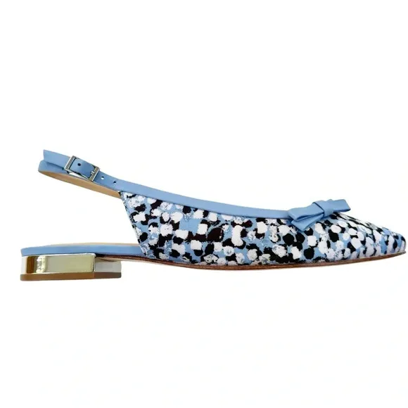 NEW Talbots Edison Slingback Bow Flats Textured Floral Blue Black Size 7.5