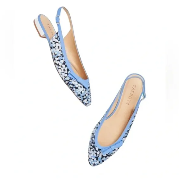 NEW Talbots Edison Slingback Bow Flats Textured Floral Blue Black Size 7.5