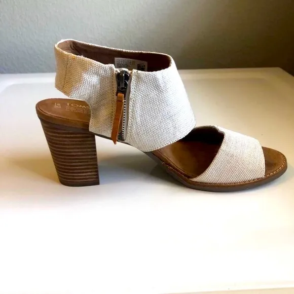 New TOM'S Majorca City Wide Canvas Strap Sandals Block Heel Natural SZ 12