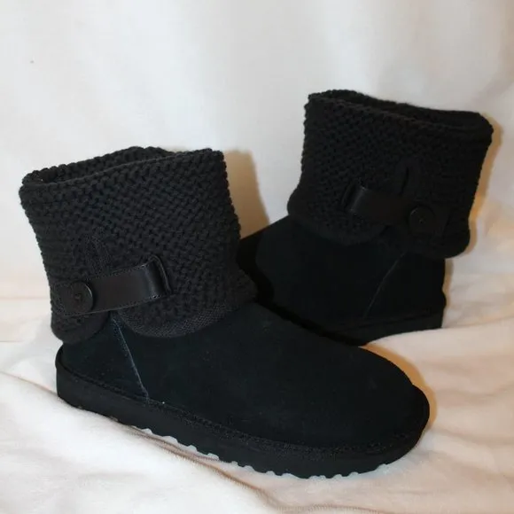 NEW UGG SHAINA SWEATER SUEDE SHEARLING BUTTON‎ ANKLE BOOTS BLACK