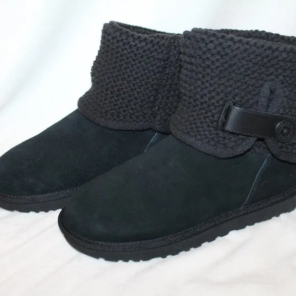 NEW UGG SHAINA SWEATER SUEDE SHEARLING BUTTON‎ ANKLE BOOTS BLACK