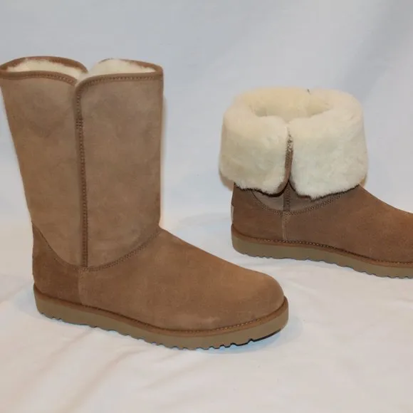 NEW UGG WOMEN'S‎ CLASSIC SHORT MICHELE SUEDE SHEARLING LINED CHESTNUT BOOTS