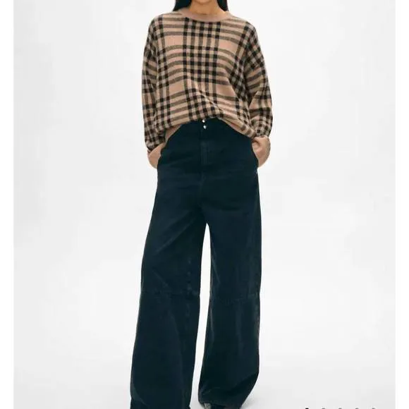 NEW WHITE   WARREN cashmere plaid crewneck sweater in camel/black
