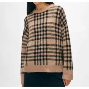 NEW WHITE   WARREN cashmere plaid crewneck sweater in camel/black