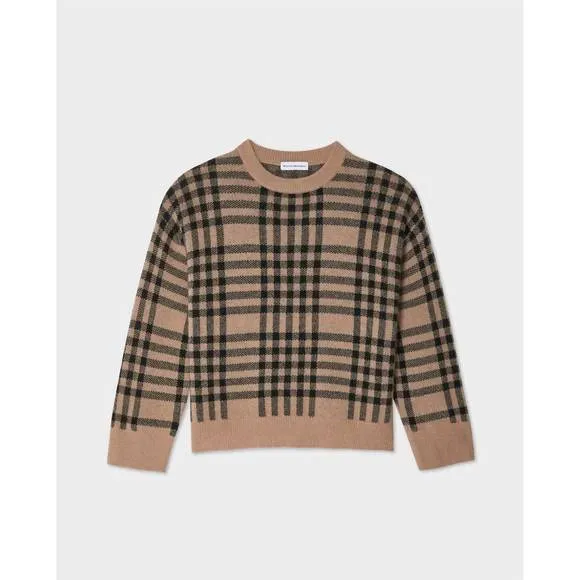 NEW WHITE   WARREN cashmere plaid crewneck sweater in camel/black