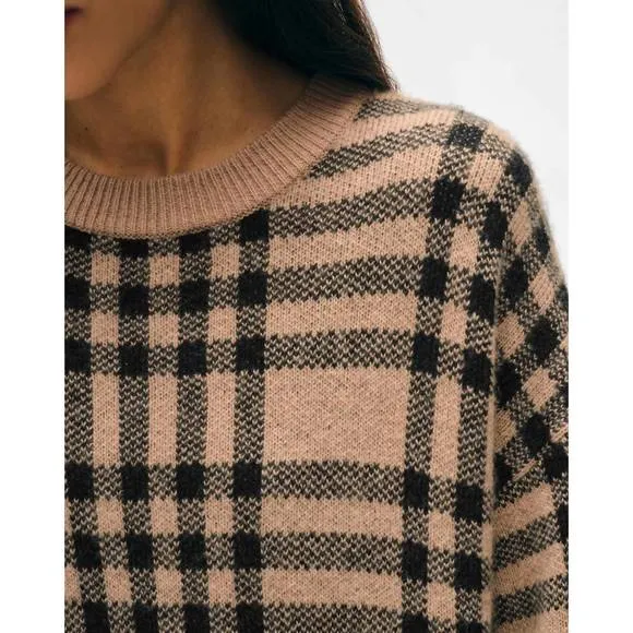 NEW WHITE   WARREN cashmere plaid crewneck sweater in camel/black