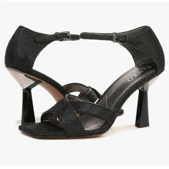 New w/o Box Franco Sarto Rania2 Leather Black Glitter Cut-Out Dress Sandals