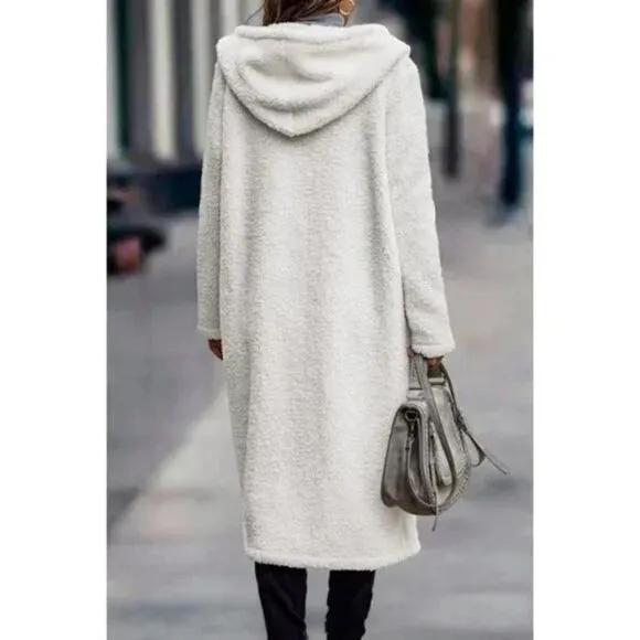 NEW WOMEN'S Faux Fur Warm Hooded  Long White Beige Elegant Coat