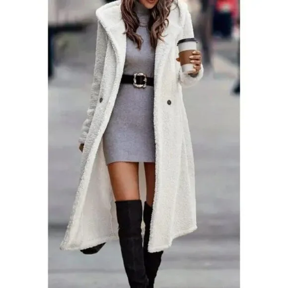 NEW WOMEN'S Faux Fur Warm Hooded  Long White Beige Elegant Coat