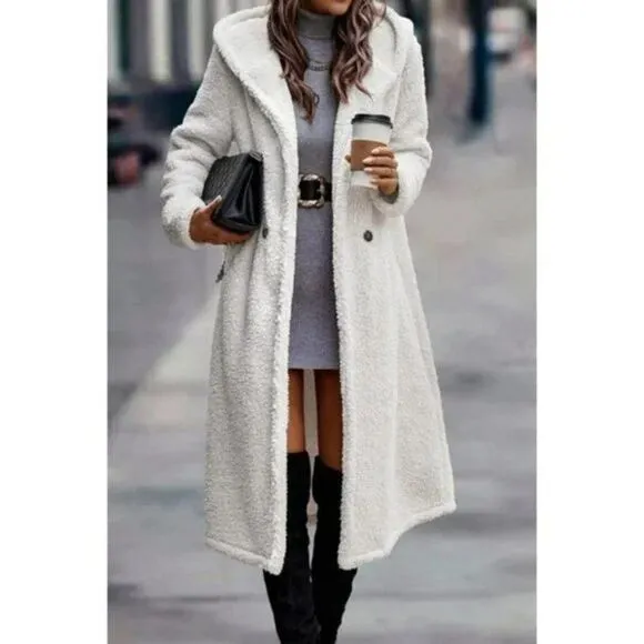 NEW WOMEN'S Faux Fur Warm Hooded  Long White Beige Elegant Coat