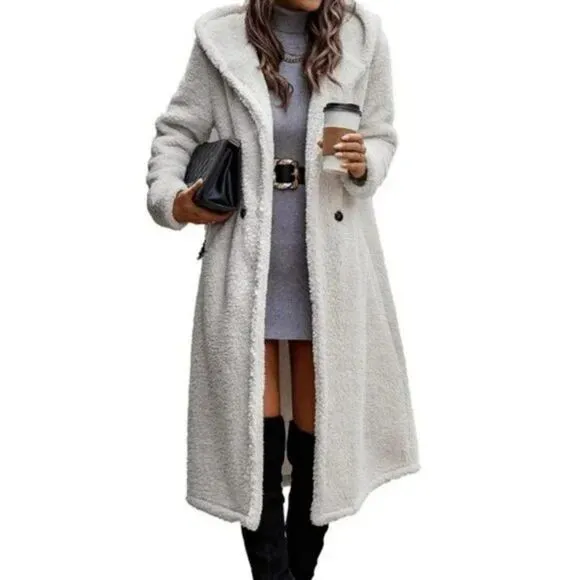 NEW WOMEN'S Faux Fur Warm Hooded  Long White Beige Elegant Coat