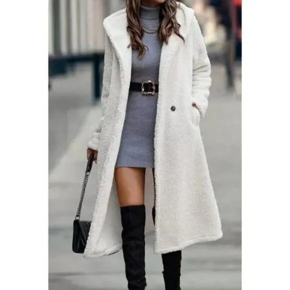 NEW WOMEN'S Faux Fur Warm Hooded  Long White Beige Elegant Coat