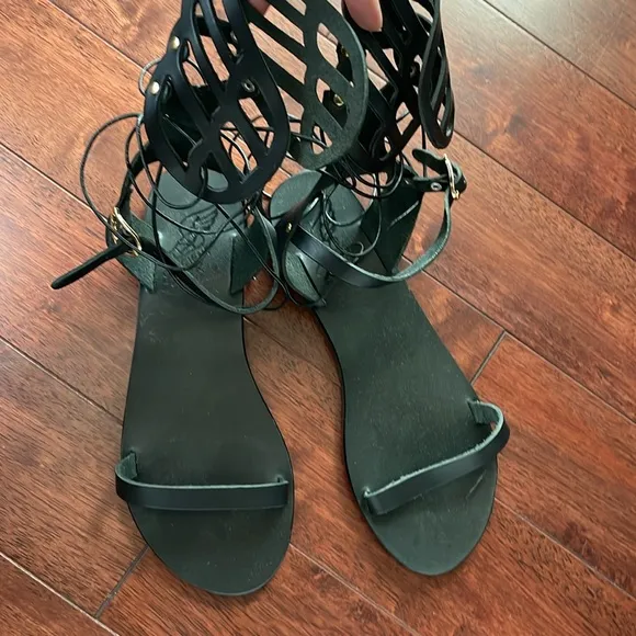 NIB Ancient Greek Sandals Ikaria Black Lace Up Winged Ankle Flat Sandals 38