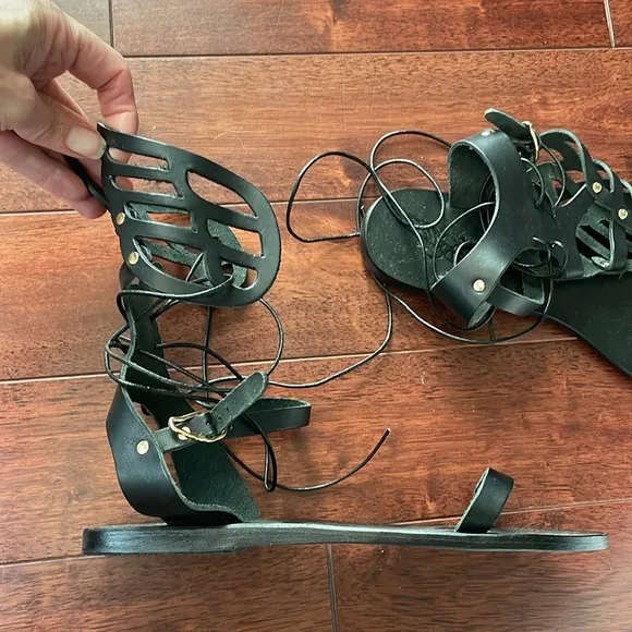 NIB Ancient Greek Sandals Ikaria Black Lace Up Winged Ankle Flat Sandals 38