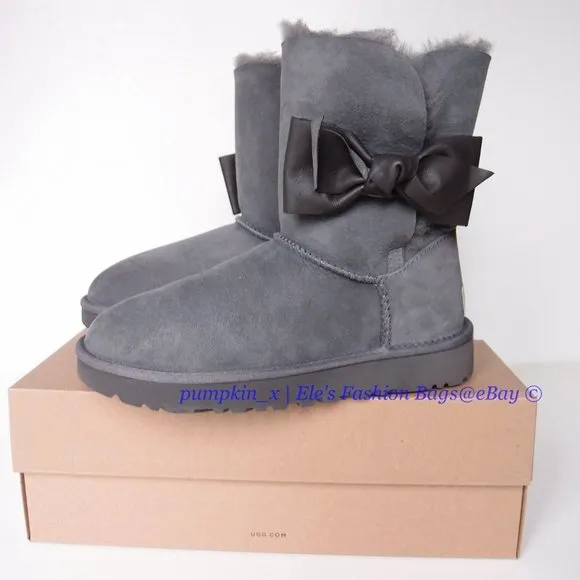 NIB UGG Bailey Bow Daelynn Short Sheepskin Leather Shearling Boots GRAY US 6 6.5