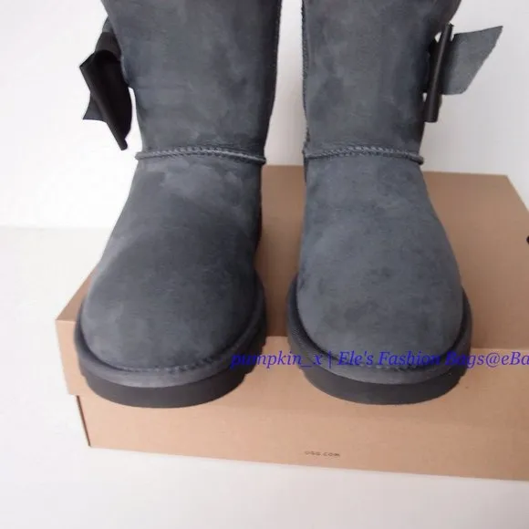 NIB UGG Bailey Bow Daelynn Short Sheepskin Leather Shearling Boots GRAY US 6 6.5