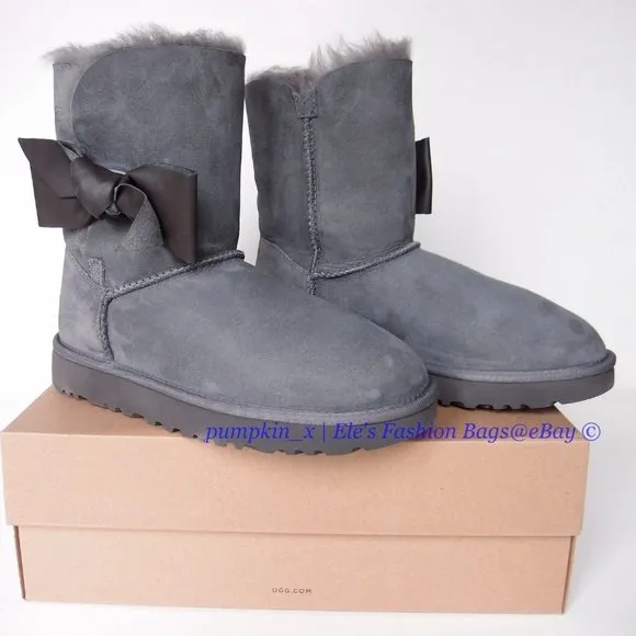 NIB UGG Bailey Bow Daelynn Short Sheepskin Leather Shearling Boots GRAY US 6 6.5