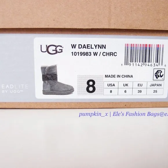 NIB UGG Bailey Bow Daelynn Short Sheepskin Leather Shearling Boots GRAY US 6 6.5