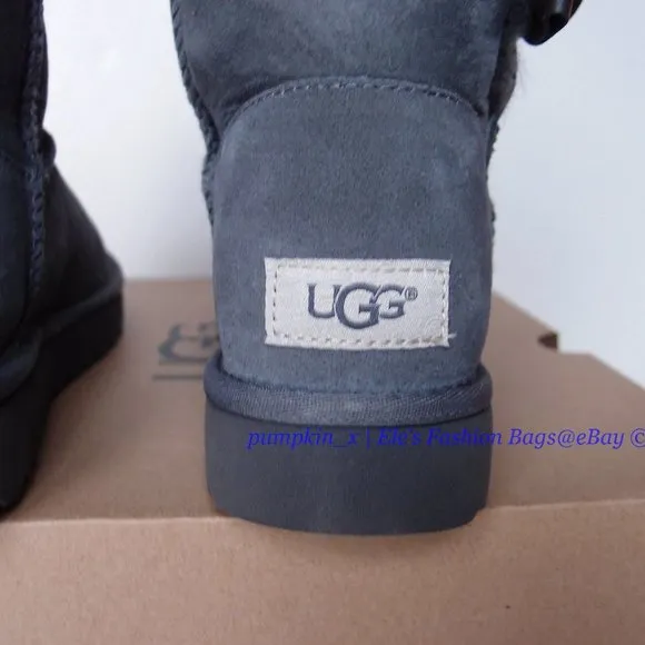NIB UGG Bailey Bow Daelynn Short Sheepskin Leather Shearling Boots GRAY US 6 6.5