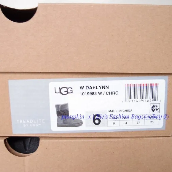 NIB UGG Bailey Bow Daelynn Short Sheepskin Leather Shearling Boots GRAY US 6 6.5