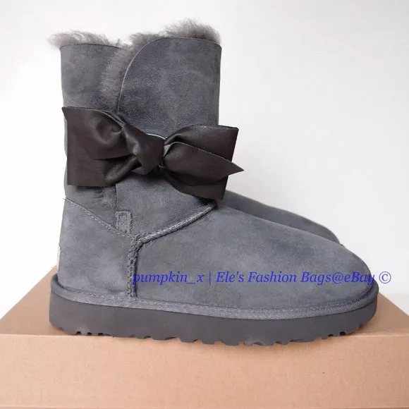 NIB UGG Bailey Bow Daelynn Short Sheepskin Leather Shearling Boots GRAY US 6 6.5