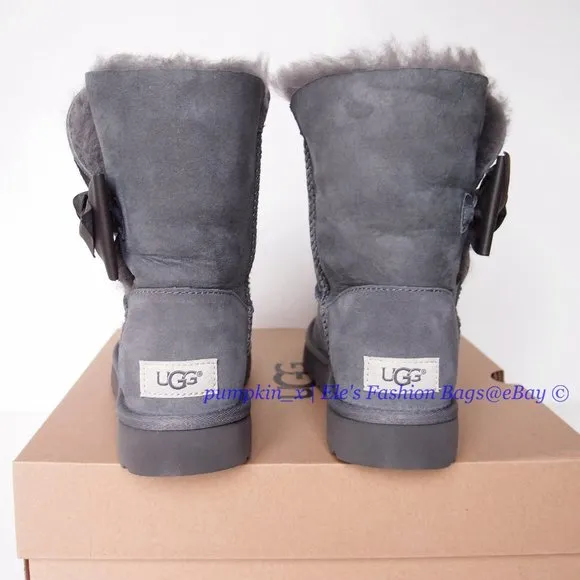 NIB UGG Bailey Bow Daelynn Short Sheepskin Leather Shearling Boots GRAY US 6 6.5