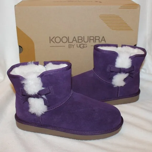NIB UGG KOOLABURRA GIRL'S SUEDE FUR LINED MINI BOW BOOTS PURPLE‎