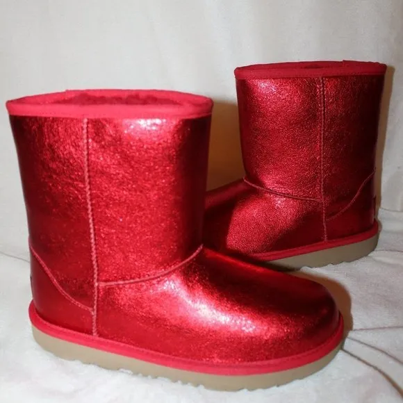 NIB UGG TODDLER GIRL'S RED METALLIC GLITTER SHEARLING LINED CLASSIC SHORTS BOOTS
