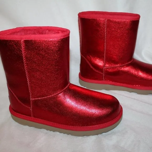 NIB UGG TODDLER GIRL'S RED METALLIC GLITTER SHEARLING LINED CLASSIC SHORTS BOOTS