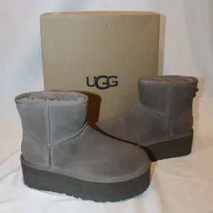 NIB‎ UGG WOMEN'S PLATFORM MINI SUEDE SHEARLING LINED ANKLE BOOTS GRAY