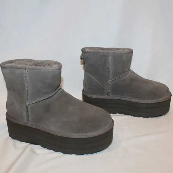 NIB‎ UGG WOMEN'S PLATFORM MINI SUEDE SHEARLING LINED ANKLE BOOTS GRAY